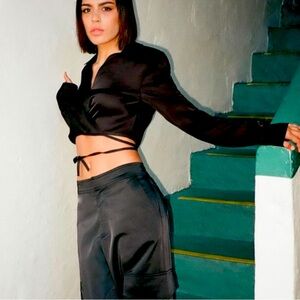 ZARA BLACK CROP SHIRT SATIN EFFECT TRAFA